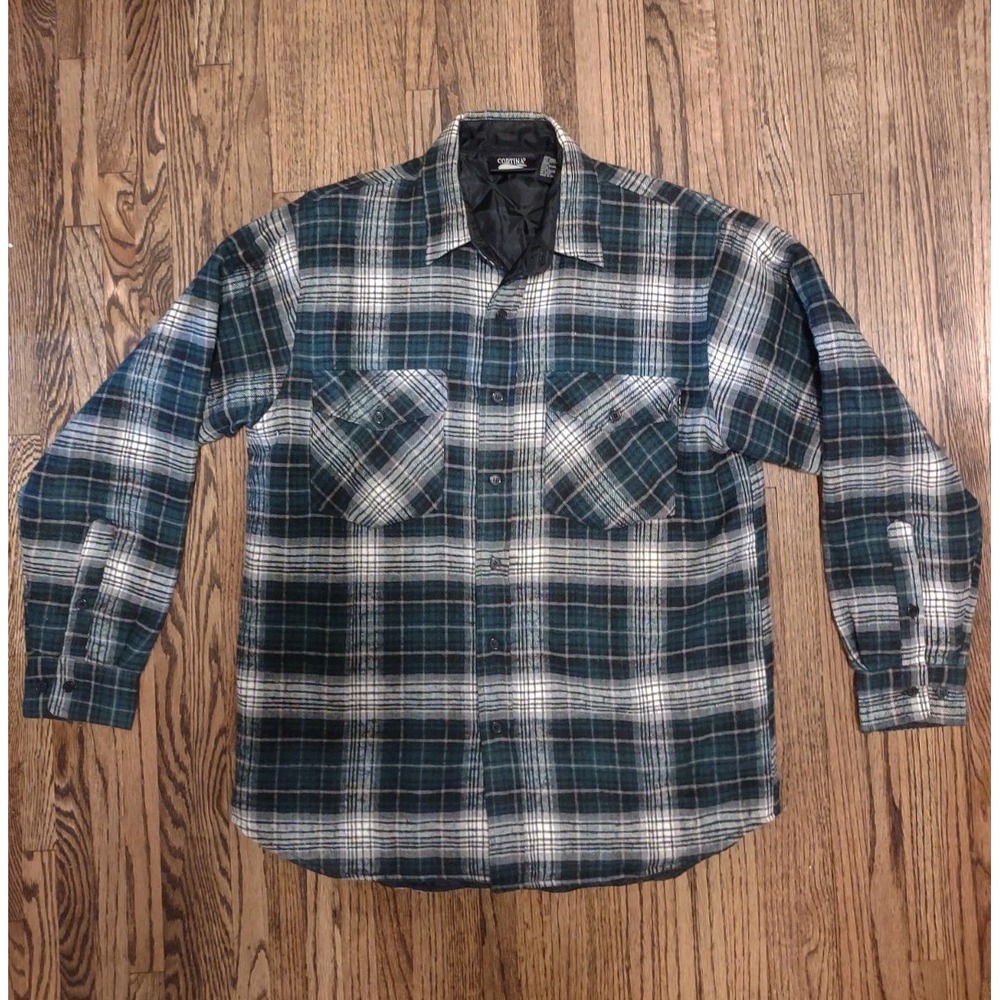Vintage Cortina Quilted Lined Flannel Shirt Jacket Mens M Plaid Green Workwear